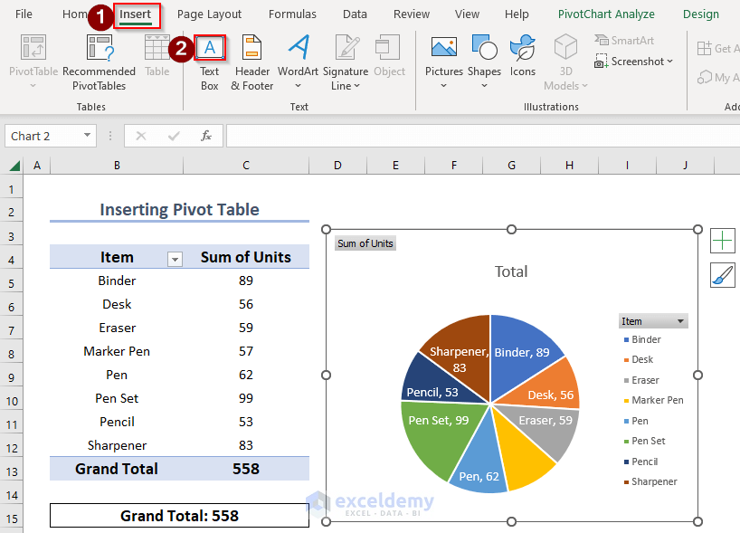 going to insert tab to select text box option to show total in pie chart