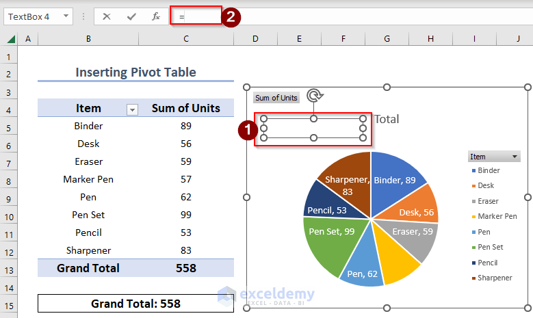 drawing text box in excel pie chart