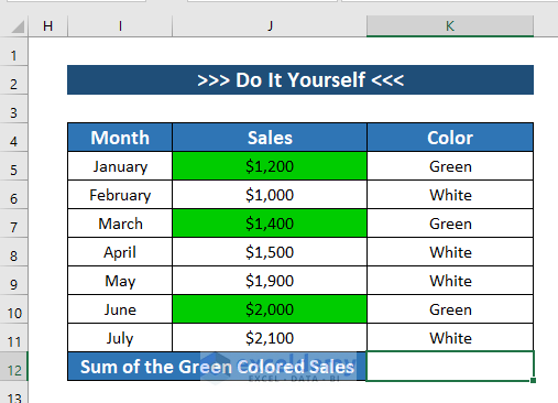 Practice Section for Excel if cell color is green then sum