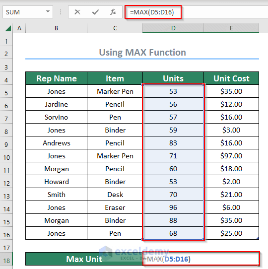 inserting formula to use MAX function for finding largest value in excel