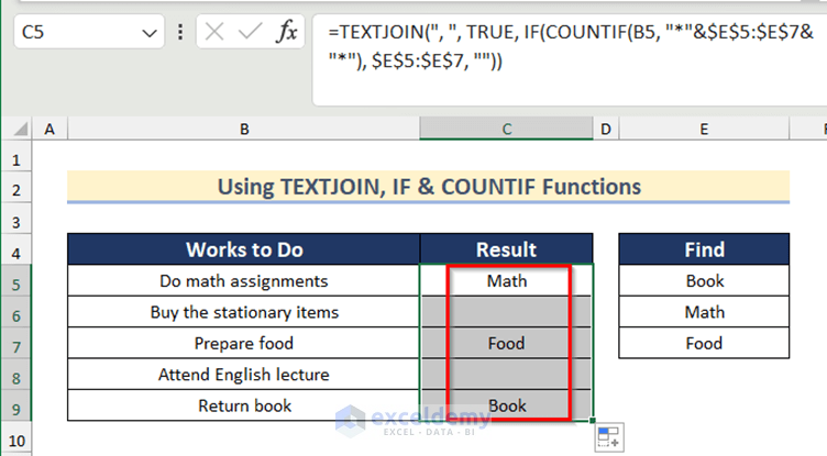Results Found After Checking Cells Using TEXTJOIN, IF & COUNTIF Functions in Excel