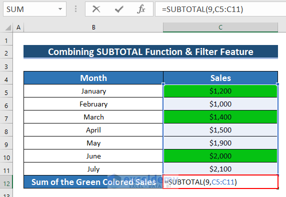  Applying the SUBTOTAL function to sum if cell color is green