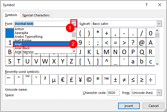 Selecting Font for Symbol to Write X Bar in Excel