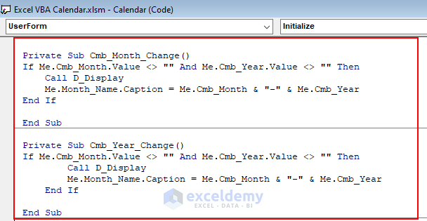 Writing Codes for Combo Boxes to Create an Excel VBA Calendar