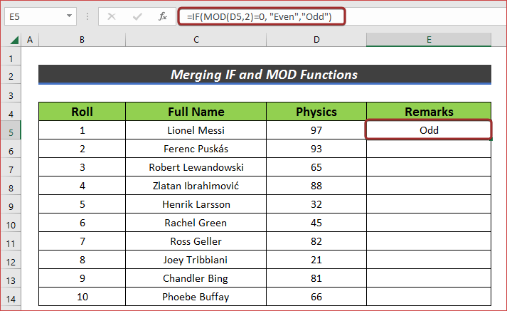 Merge IF and MOD Functions to Verify Odd and Even in Excel