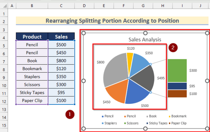 Rearrange Splitting Portion of Bar of Pie Chart in Excel
