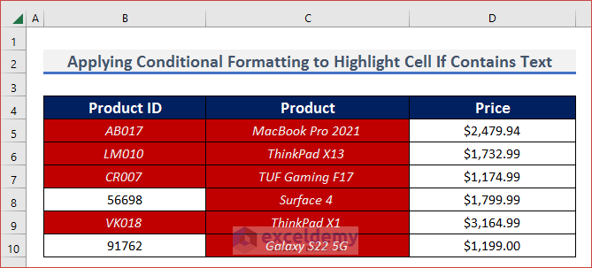 Highlighted Cell If Contains Text