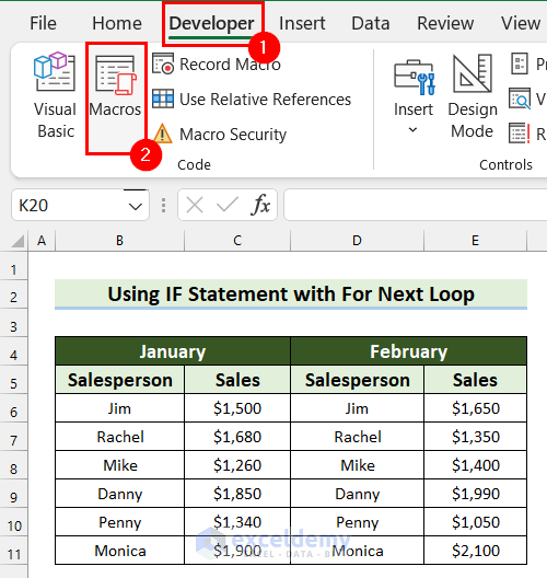 Selecting Macros Command in Excel