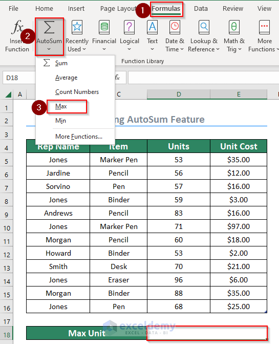 Selecting AutoSum feature from the Formulas tab to apply the MAX function
