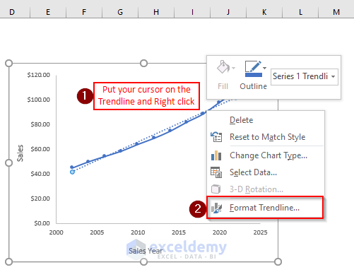 editing Format Trendline to perform exponential interpolation