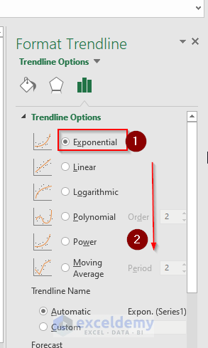 selecting Exponential from Trendline Options