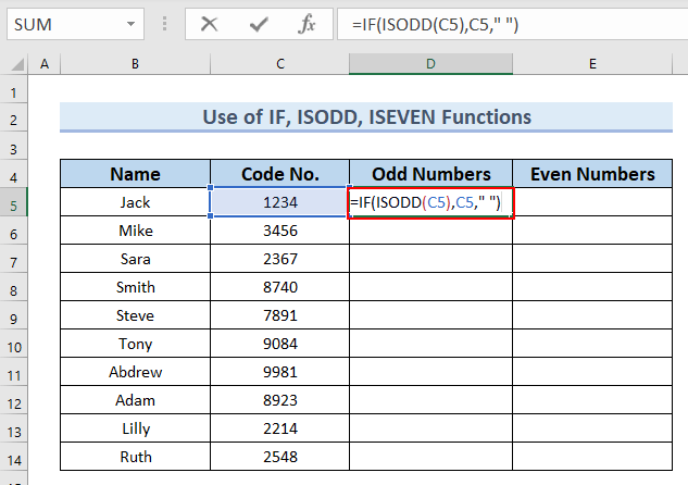Applying IF and ISODD Functions to Sort Odd and Even Numbers in Excel
