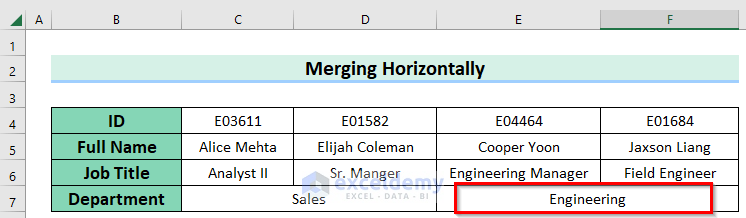 Merged and Centered E7:F7 cells in Excel