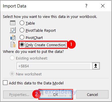 Using Import Data Dialog Box to Only Create Connections for Cross Join in Excel