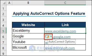 Applying AutoCorrect options feature
