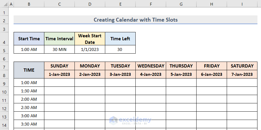Calendar with Time Slots Excel