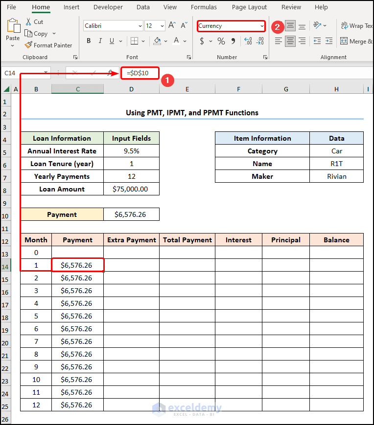 Populating Payment values and formatting as currency