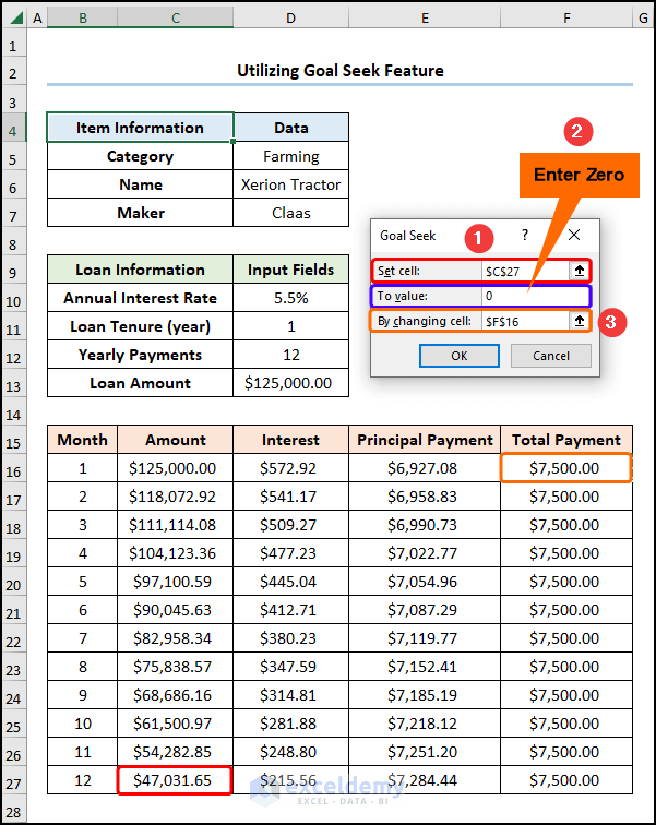 Entering arguments for the goal seek feature to make chattel mortgage calculator excel