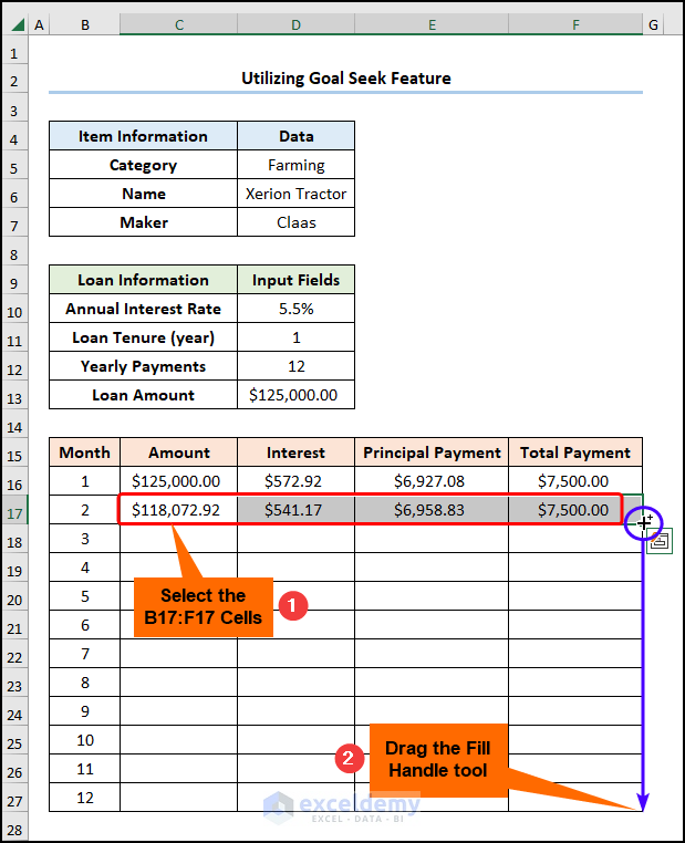 Dragging fill handle tool to complete table for chattel mortgage calculator excel