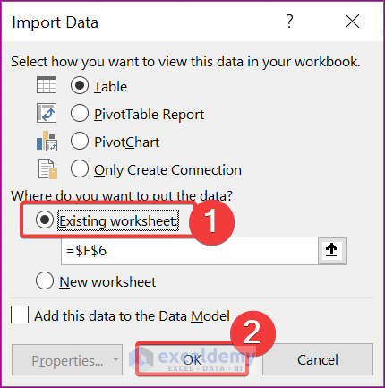 Choosing the Existing worksheet from the Import Data window