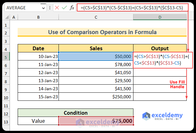 How to use the comparison operators inside a formula