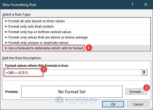 New formatting rule dialog box