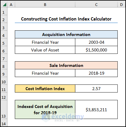 cost inflation index calculator excel with data validation and VLOOKUP and IFERROR functions