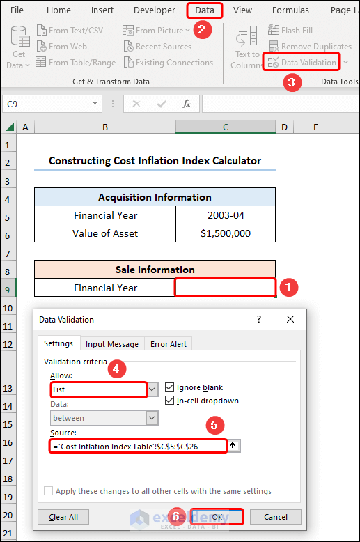 Inserting drop down with data validation feature