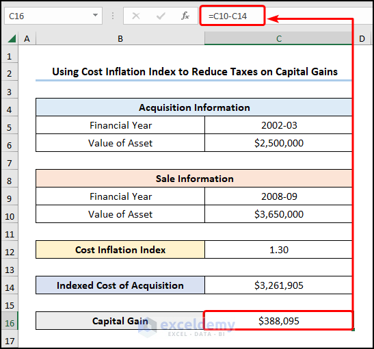 Calculating capital gain by subtracting indexed cost of acquisition from value of asset