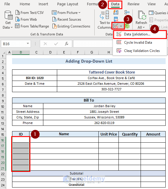 Creating drop-down lists in the bill book template