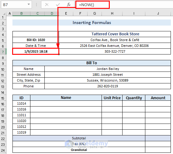 Using the NOW function to get the current date and time in the bill book