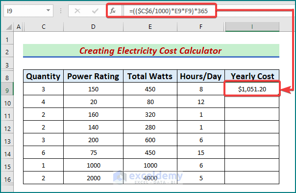 Use Excel formula to estimate Yearly cost
