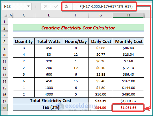 Use of IF function to add tax to electricity cost for the Excel Calculator