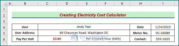 Basic Information of Electricity Cost Calculator in Excel
