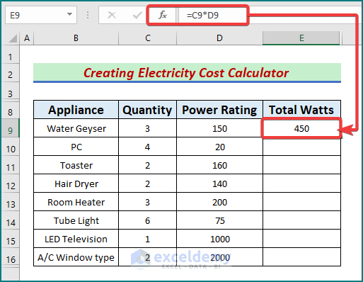 Calculating total Watts to create electricity cost calculator excel