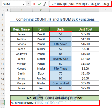 inserting formula to count total cells number using Excel COUNT, IF and ISNUMBER function