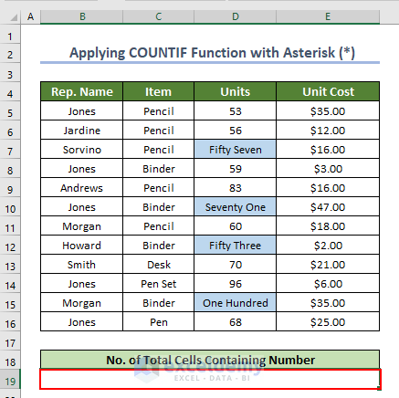 selecting preferred cell to apply Excel COUNTIF function with Asterisk(*)