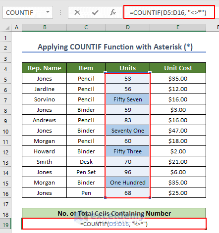 inserting formula to count total cells number using Excel COUNTIF function with Asterisk(*)