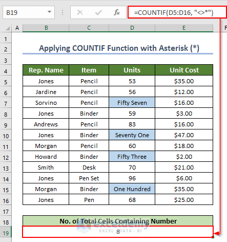 Total cells number after applying Excel COUNTIF function with Asterisk(*)