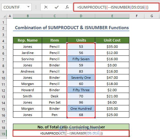 inserting formula to count total cells number using a combination of Excel SUMPRODUCT & ISNUMBER Functions