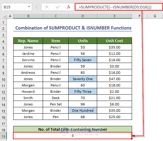 Total cells number after applying combination of Excel SUMPRODUCT & ISNUMBER Functions