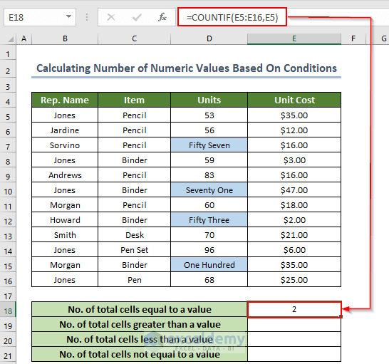 Total cells number after applying Excel COUNTIF with ISNUMBER function