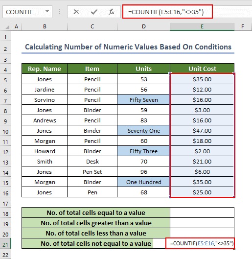 Applying Excel COUNTIF with ISNUMBER function to get the number of total cells that is not equal to a value