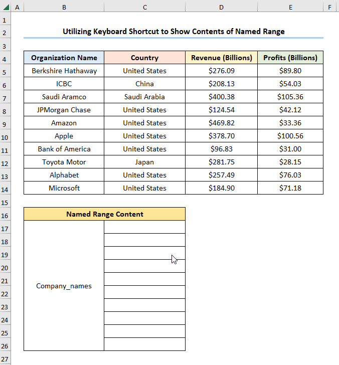 Overview of how to display Named Range contents in Excel.
