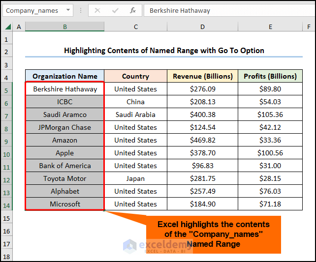 Excel display named range contents with Go To option