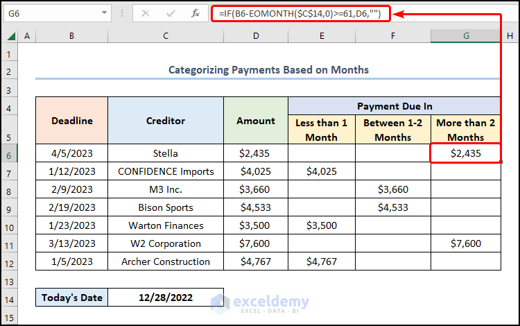 Categorizing Payments Based on Months with IF and EOMONTH functions