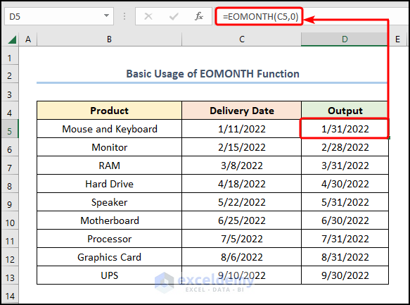 Basic Usage of excel eomonth function