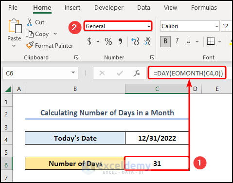 Calculating Number of Days in a Month with EOMONTH and DAY functions