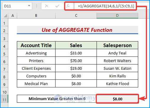 Using AGGREGATE function to find minimum value greater than 0 in Excel