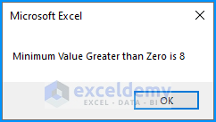 The output of finding a minimum value greater than 0 in Excel